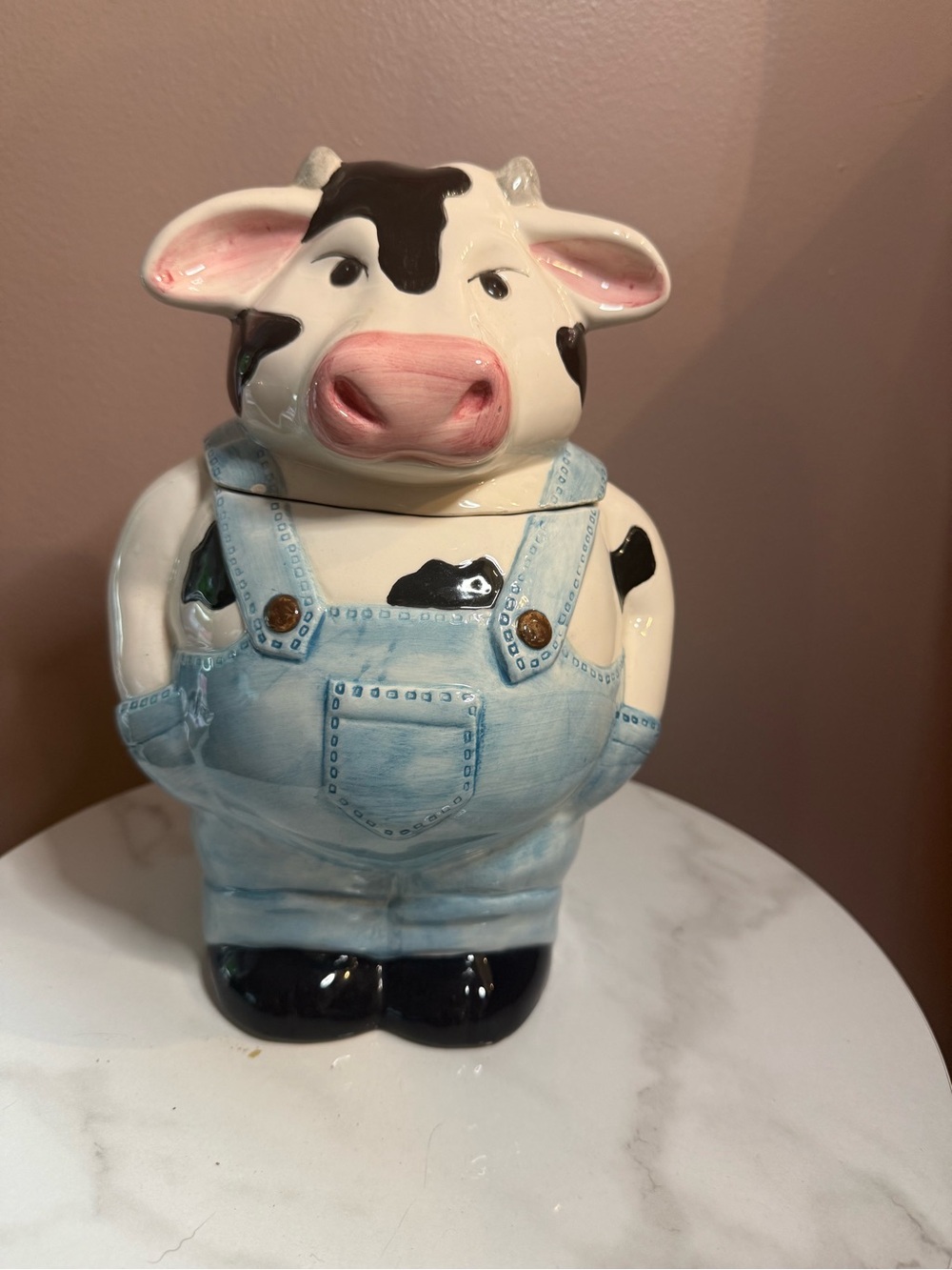 Decorative Ceramic Cow Cookie Jar - Blue Overalls